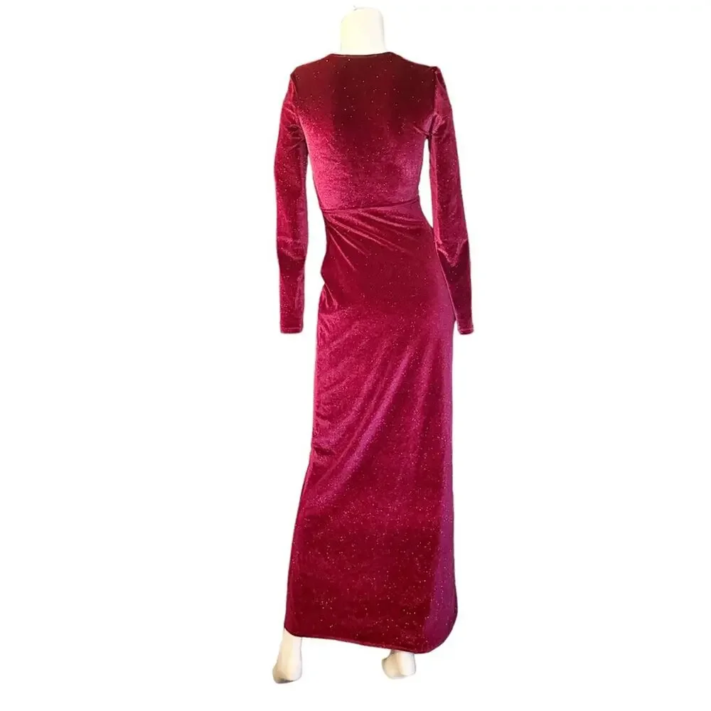 BERSHKA Velvet Dress Deep Red Gold Holiday Party Small Shimmer S - Picture 3 of 10